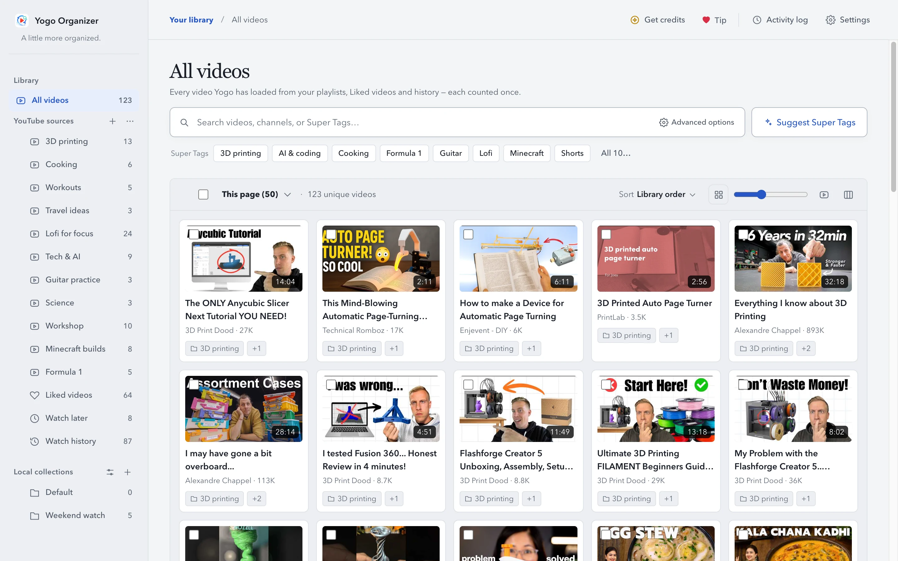 The Yogo Organizer dashboard: All videos as cards, the playlists in the sidebar, Super Tags under the search box