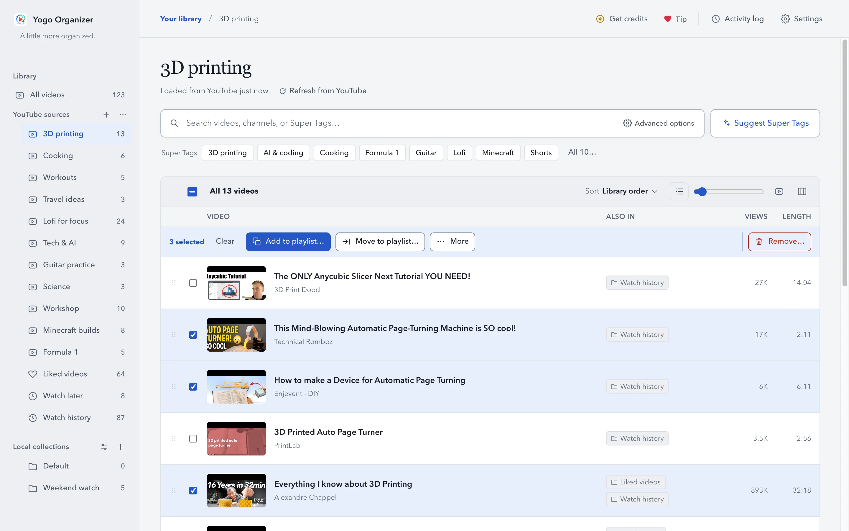 The 3D printing playlist in list view with three videos ticked and the Add to playlist, Move to playlist, More and Remove buttons