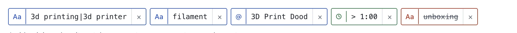The group's terms: 3d printing|3d printer, filament, @3D Print Dood, > 1:00, and never unboxing